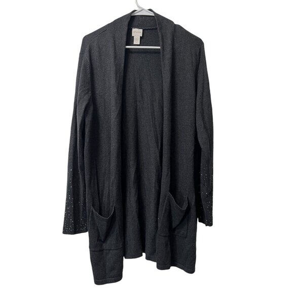 Chico’s Open Front Long Cardigan‎ Sweater Gray Beaded Embellished Sleeve Size 2 - Picture 1 of 13
